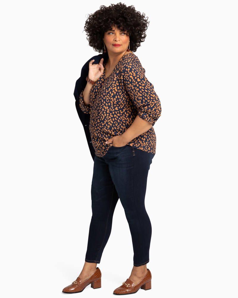 Plus size model with rectangle body shape wearing Mindy Ruched Cuff Blouse by Downing Studio | Dia&Co | dia_product_style_image_id:111621